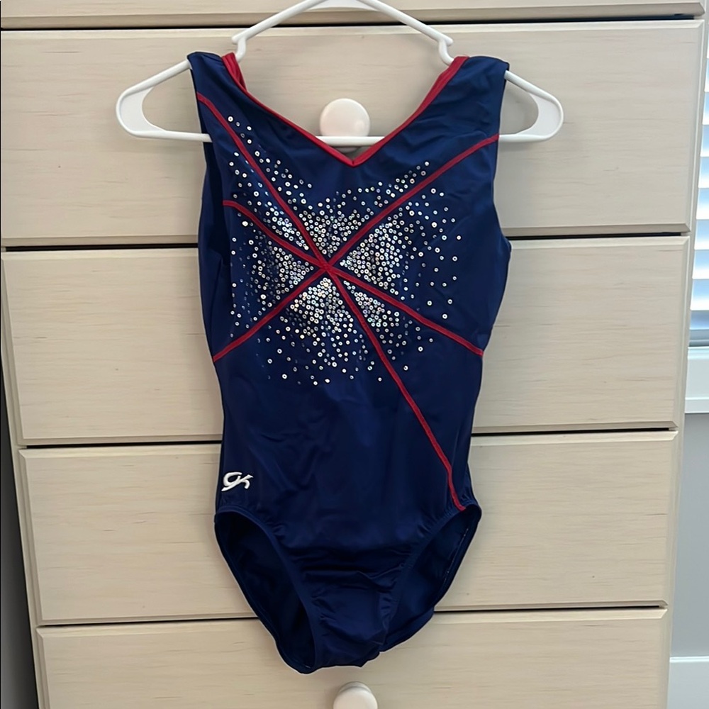 GK Elite Navy Leotard with Red and Silver Details